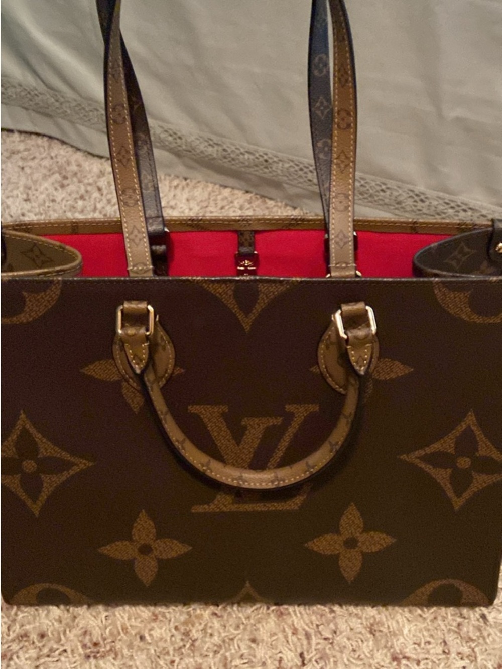 Designer Inspired Brown Monogram Tote with Red Interior